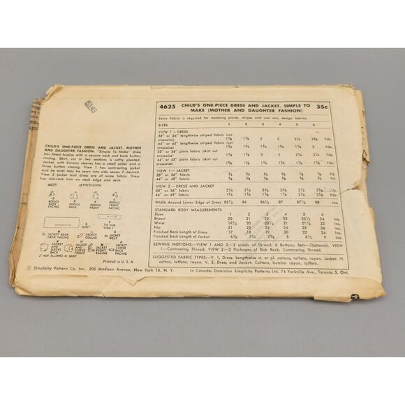 Simplicity 1954 Child's One Piece Dress and Jacket Pattern 4625 Size 3 UNCUT - Picture 3 of 3